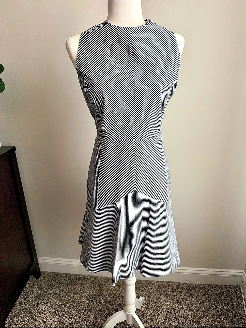 J.Crew Seersucker Fit and Flare Mini Dress in blue & white, Size 14